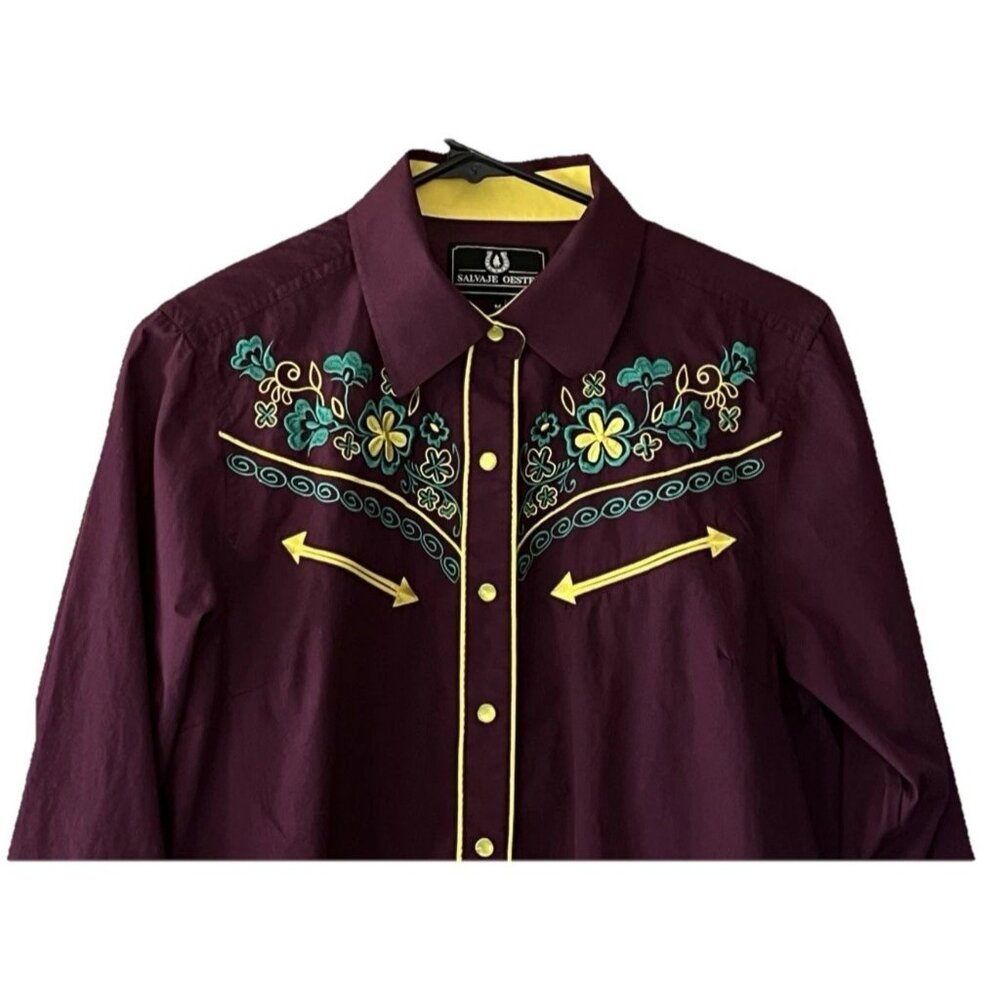 Salvaje Oeste Women's Medium Pearl Snap Floral Embroidered Western Shirt Purple - Picture 2 of 7
